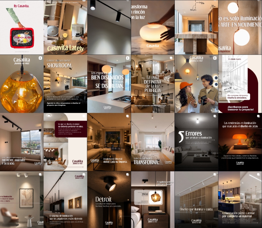 Casavita: Feed real de Instagram con catálogo de iluminación de diseño y atmósferas sensoriales